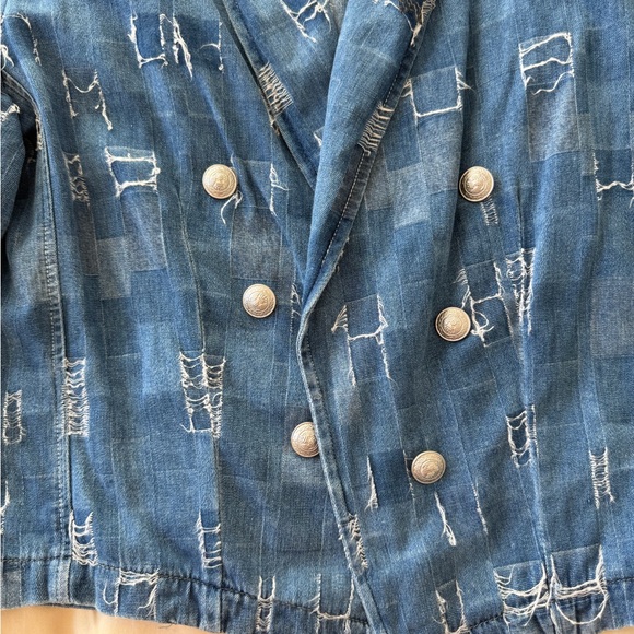 L'AGENCE Wayne Patchwork Denim Crop Blazer, Size L Excellent Condition - Picture 5 of 16